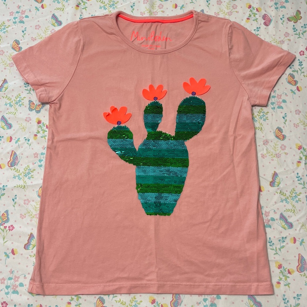 Mini Boden Pink Tee with Sequin Cactus Design